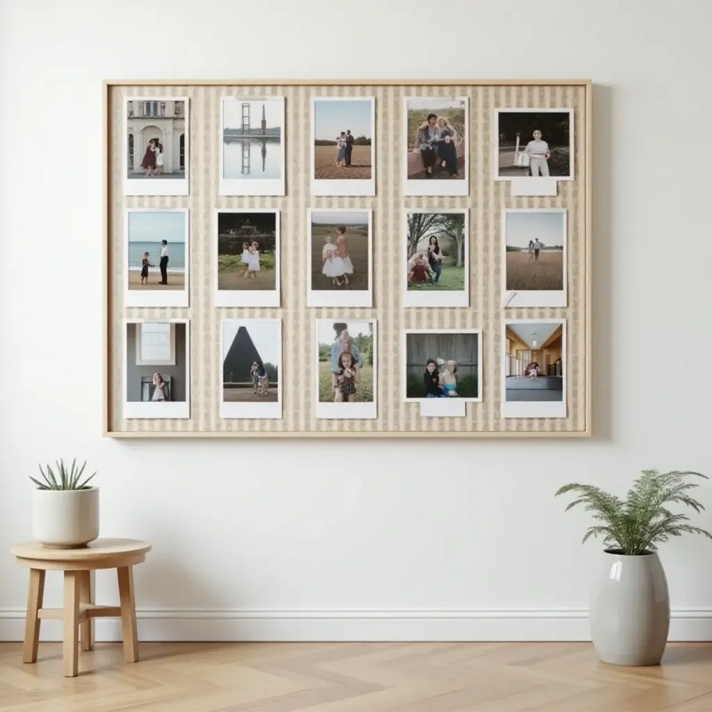 a photo of a wall-mounted grid system displaying interchangeable photos