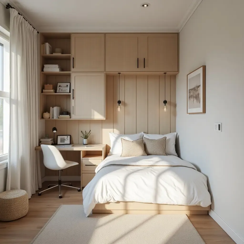 a photo of a shared teen bedroom with clever space-saving solutions