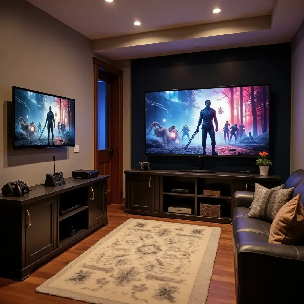 a photo of a basement gaming area with shelves for consoles and games