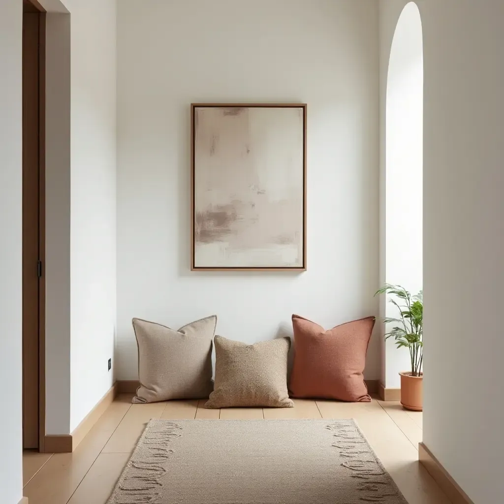 a photo of a corridor with throw pillows that complement the wall art