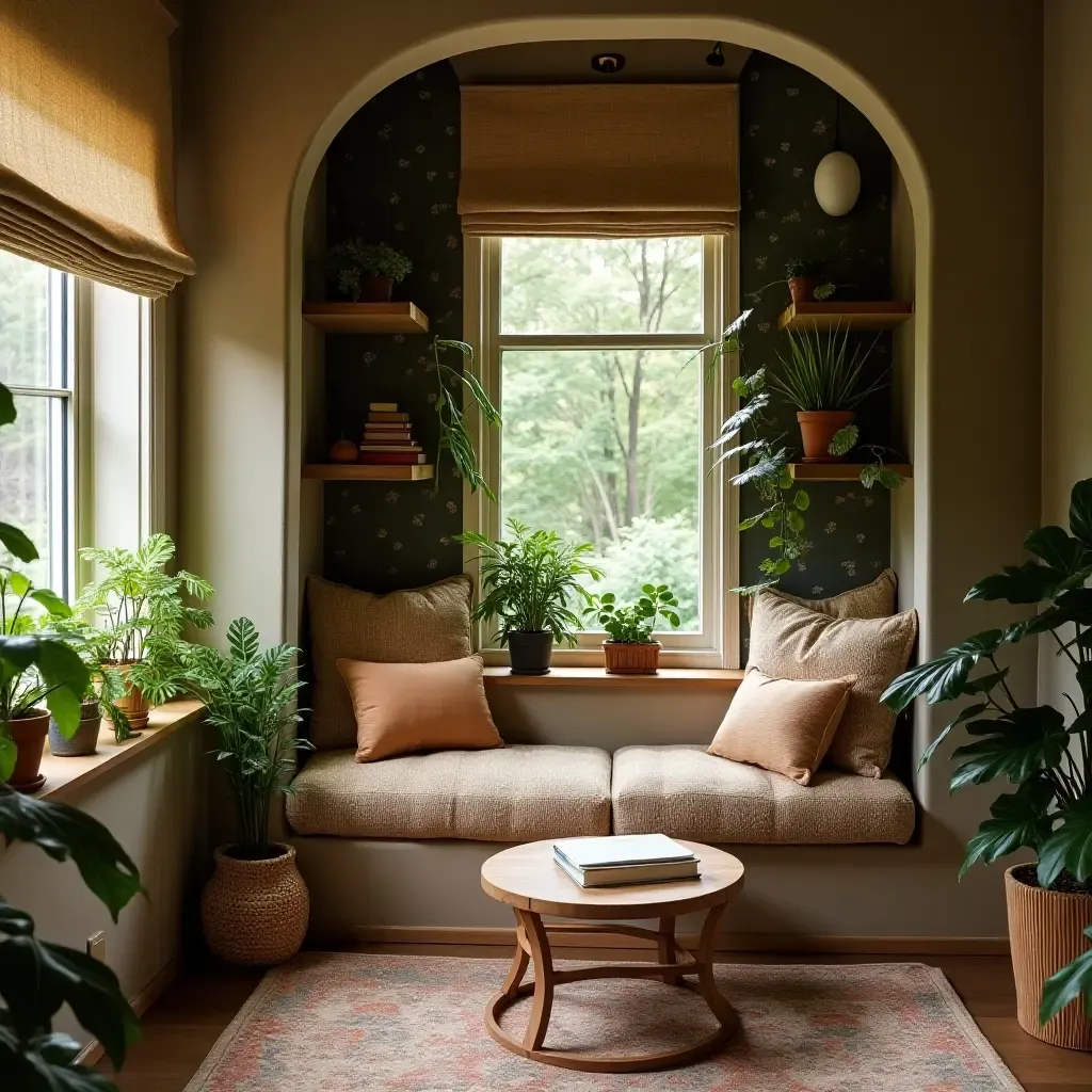 a photo of a cozy reading nook with leafy decor