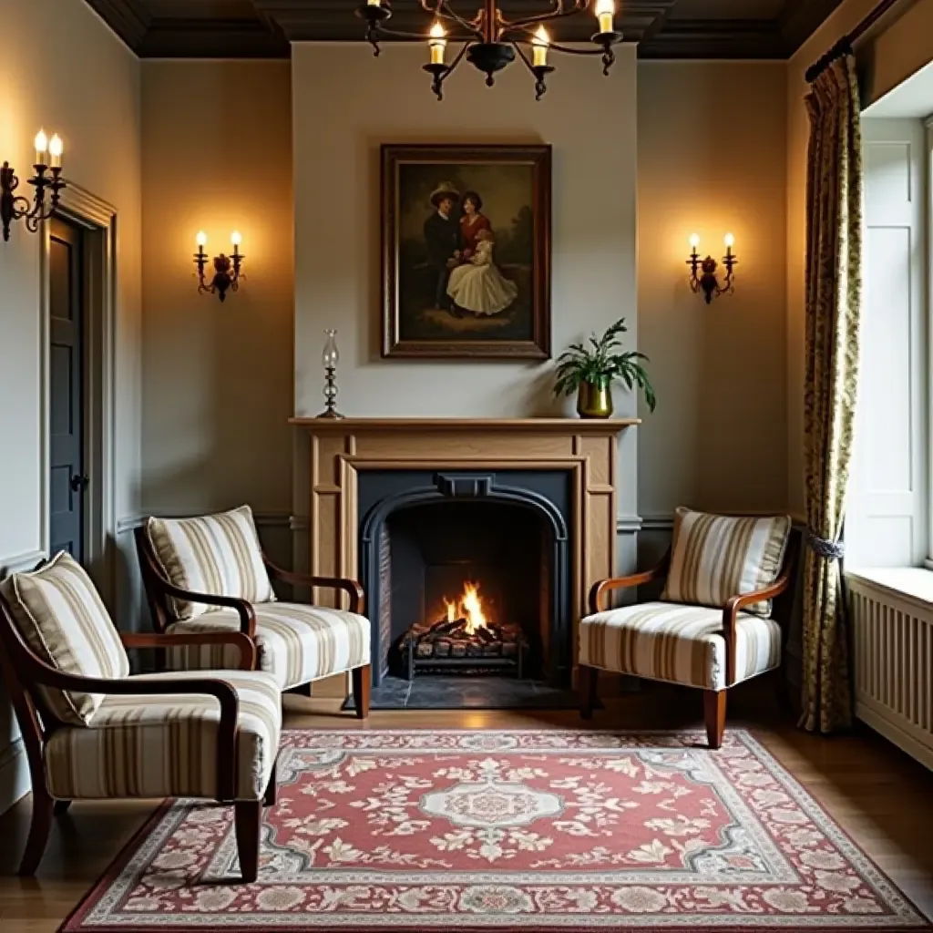 a photo of a cozy seating area in an entrance with a fireplace and armchairs