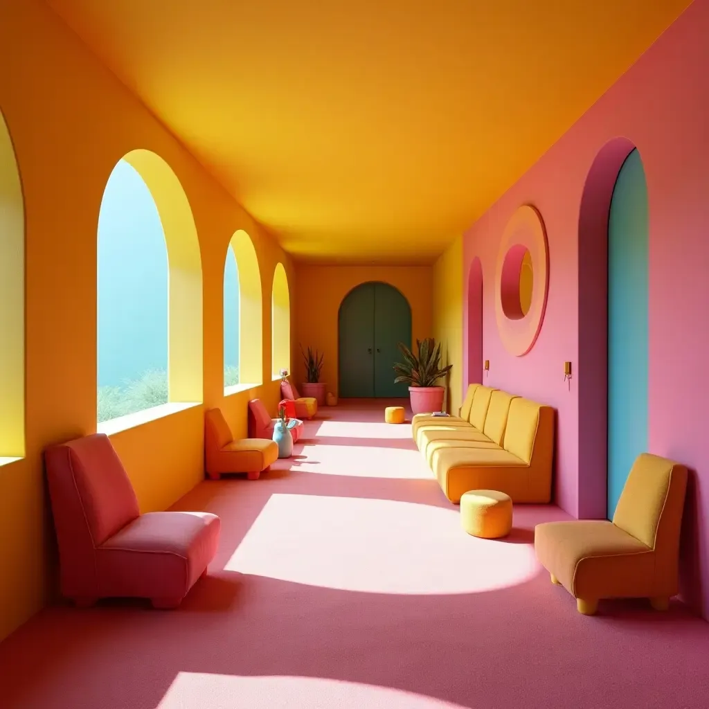 a photo of a vibrant corridor with bold colors and playful furniture arrangements