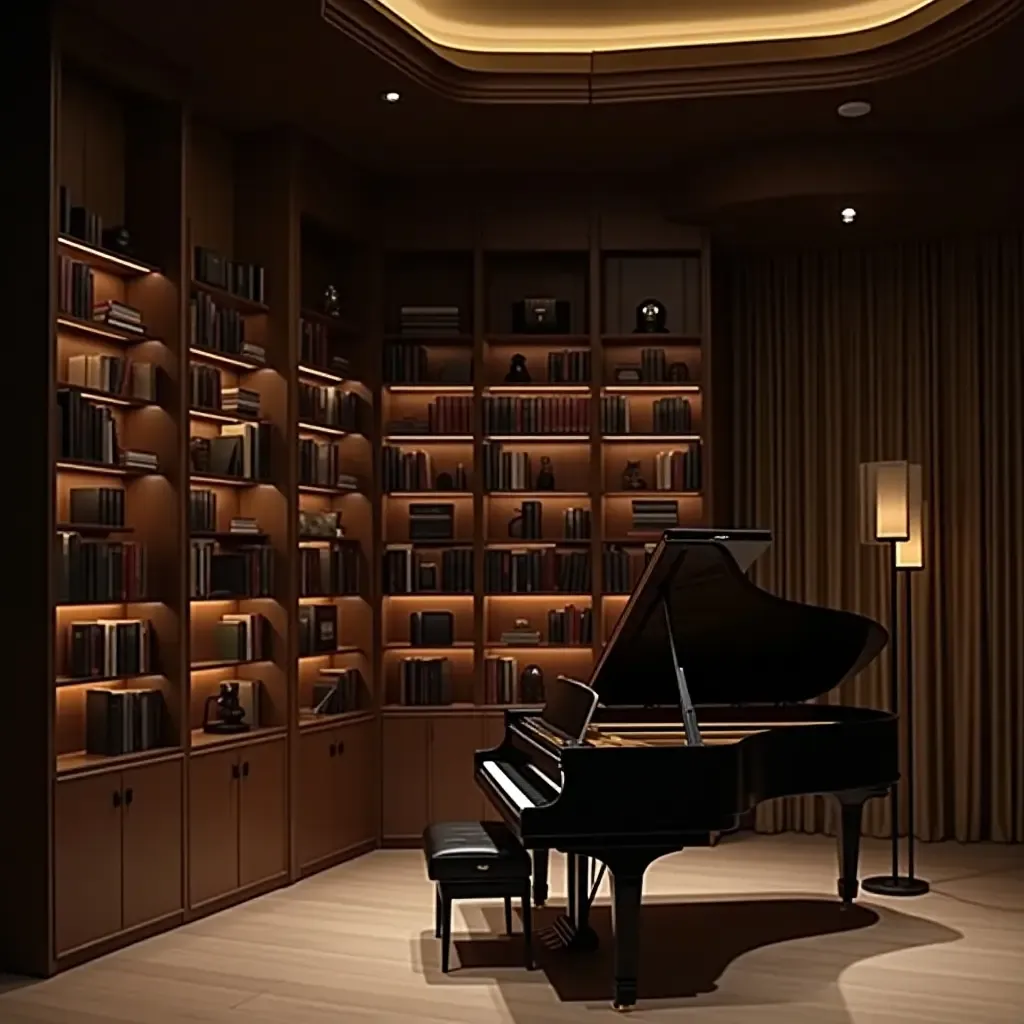 a photo of an elegant home library with a grand piano and soft lighting