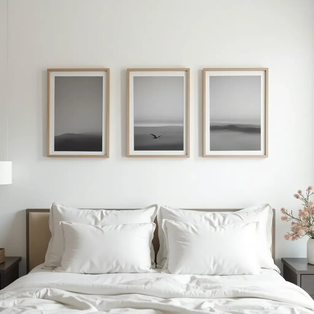 a photo of a minimalist wall art display with black and white photography in a teen&#x27;s room