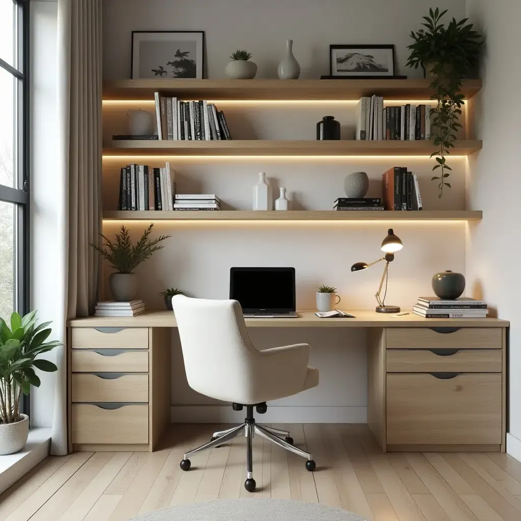 a photo of a home office with open shelving organized with books and stationery