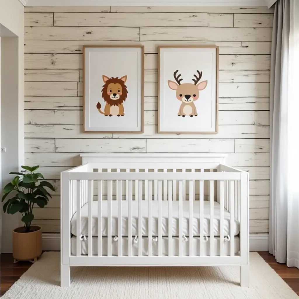 a photo of a nursery with a reclaimed wood accent wall and cute animal prints