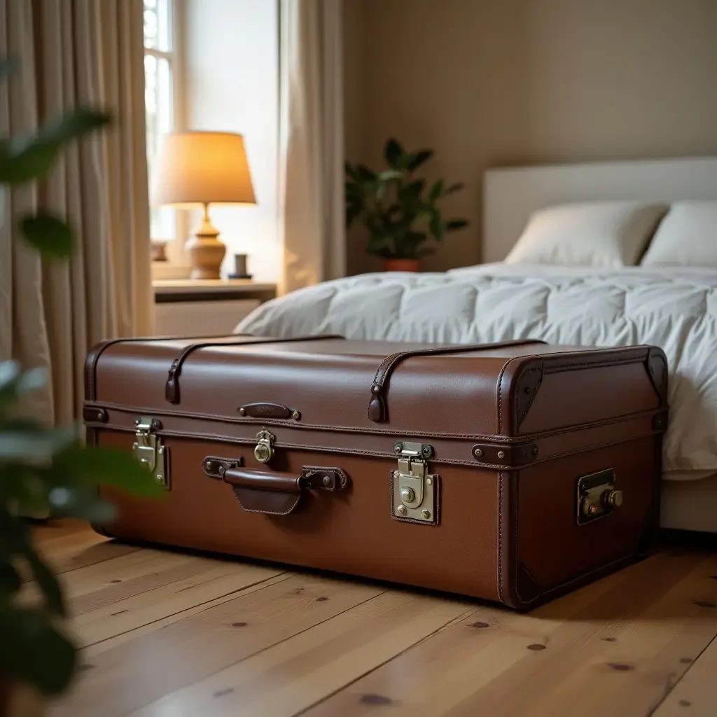 a photo of a vintage suitcase used as decor in a bedroom