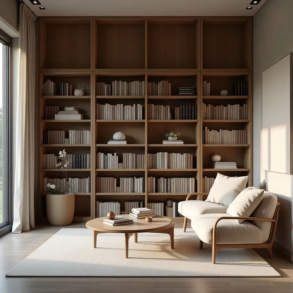 a photo of a tranquil library with Scandinavian decor and soft lighting