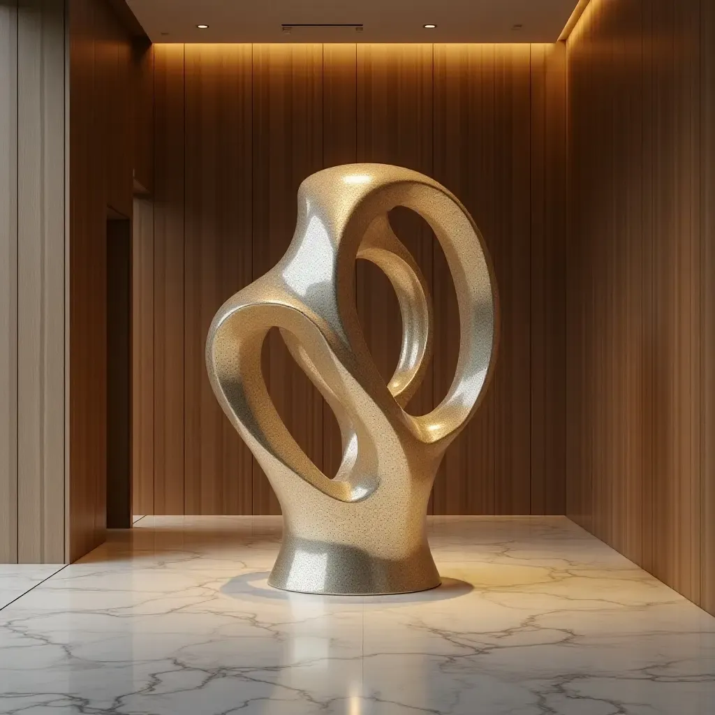 a photo of a unique sculpture as a focal point in the hall