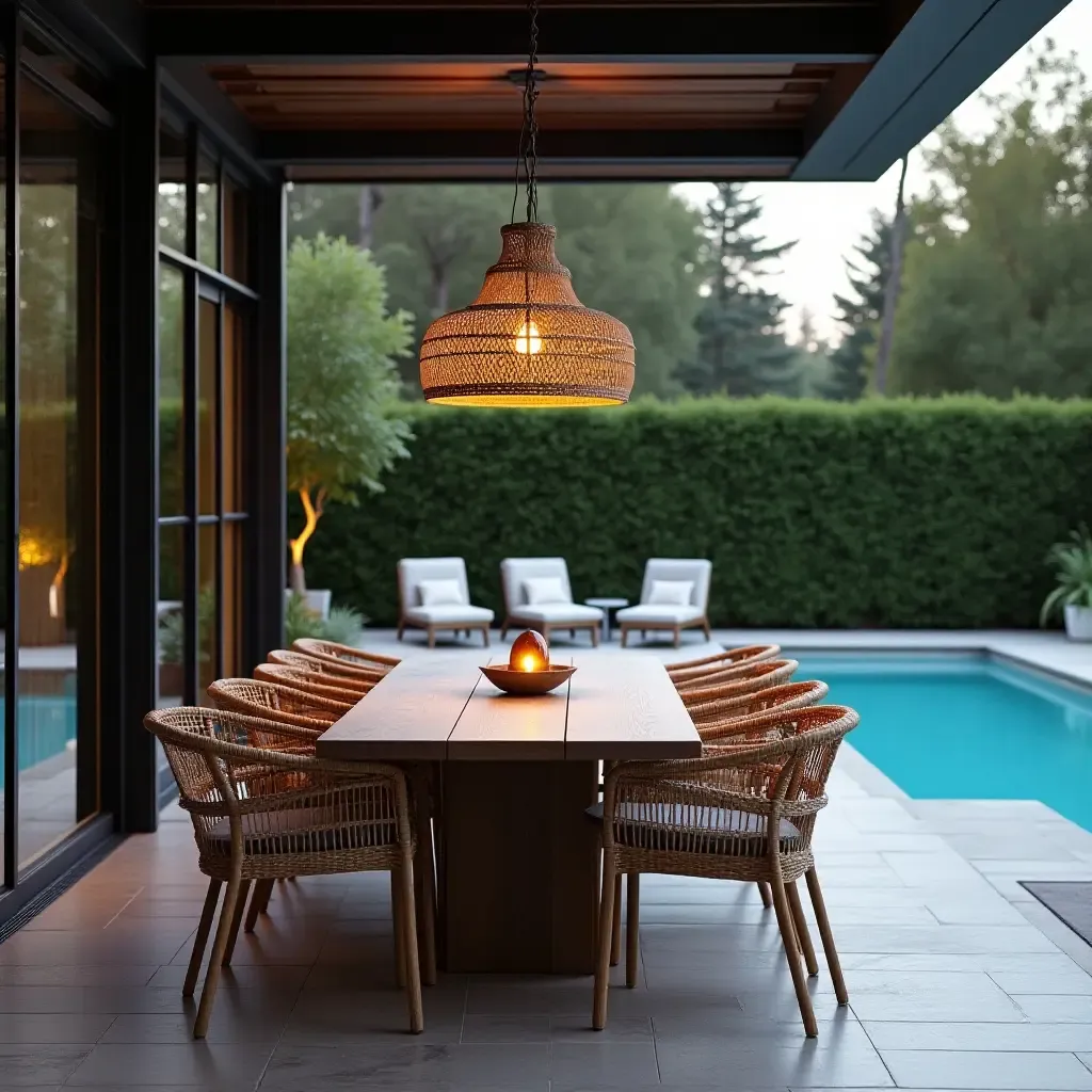 a photo of a stylish outdoor dining area by the pool with pendant lights