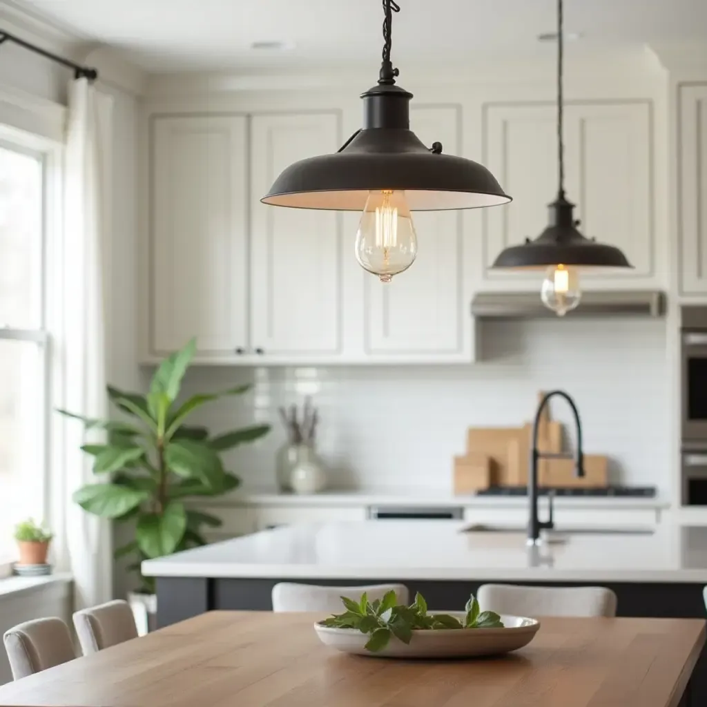 a photo of a kitchen featuring a farmhouse-style light fixture and decor