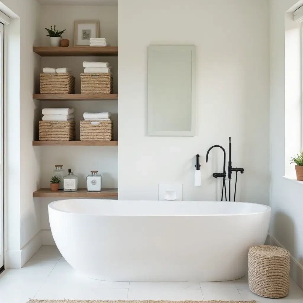 a photo of a modern bathroom with open shelves and chic storage baskets