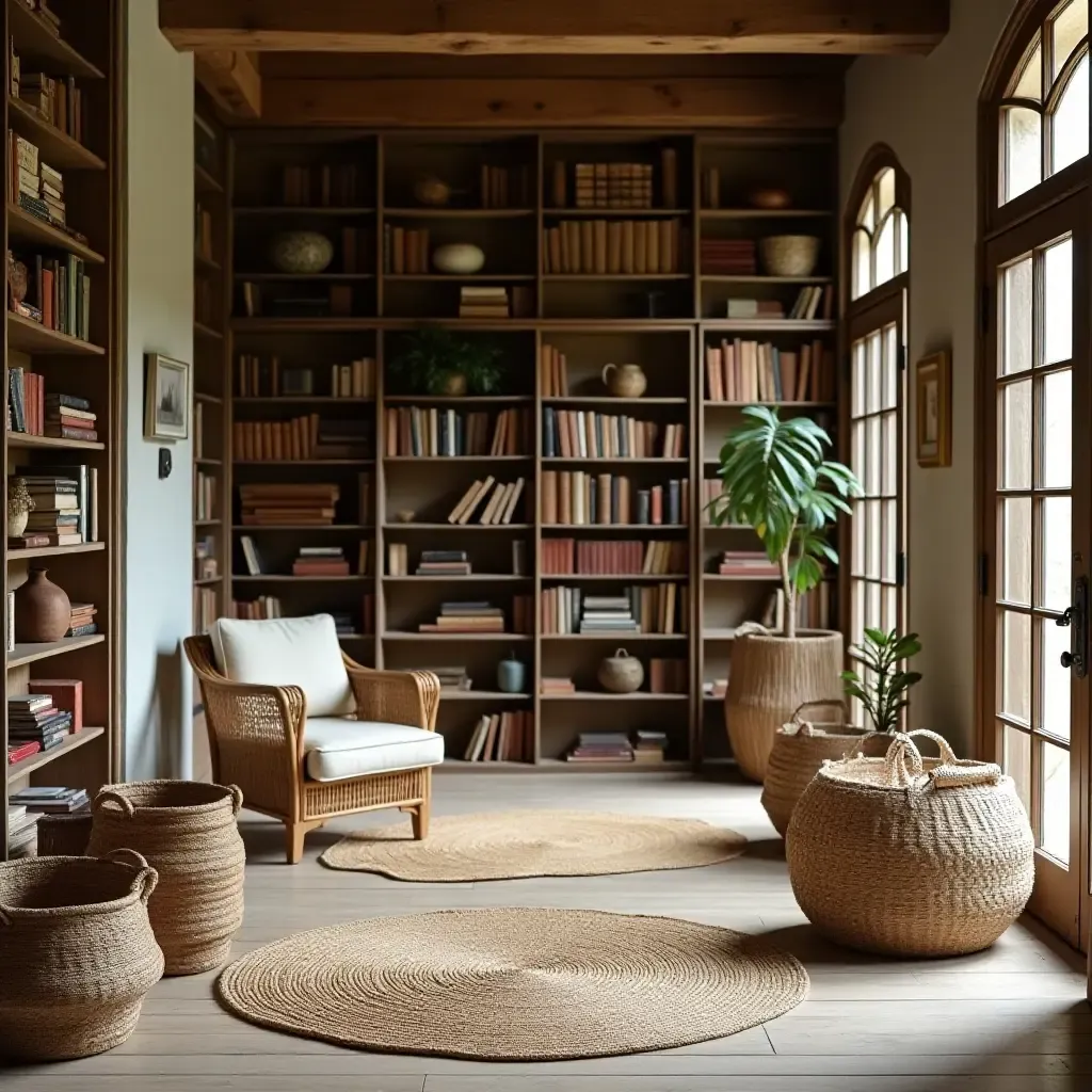 a photo of a library featuring woven baskets and natural fiber rugs