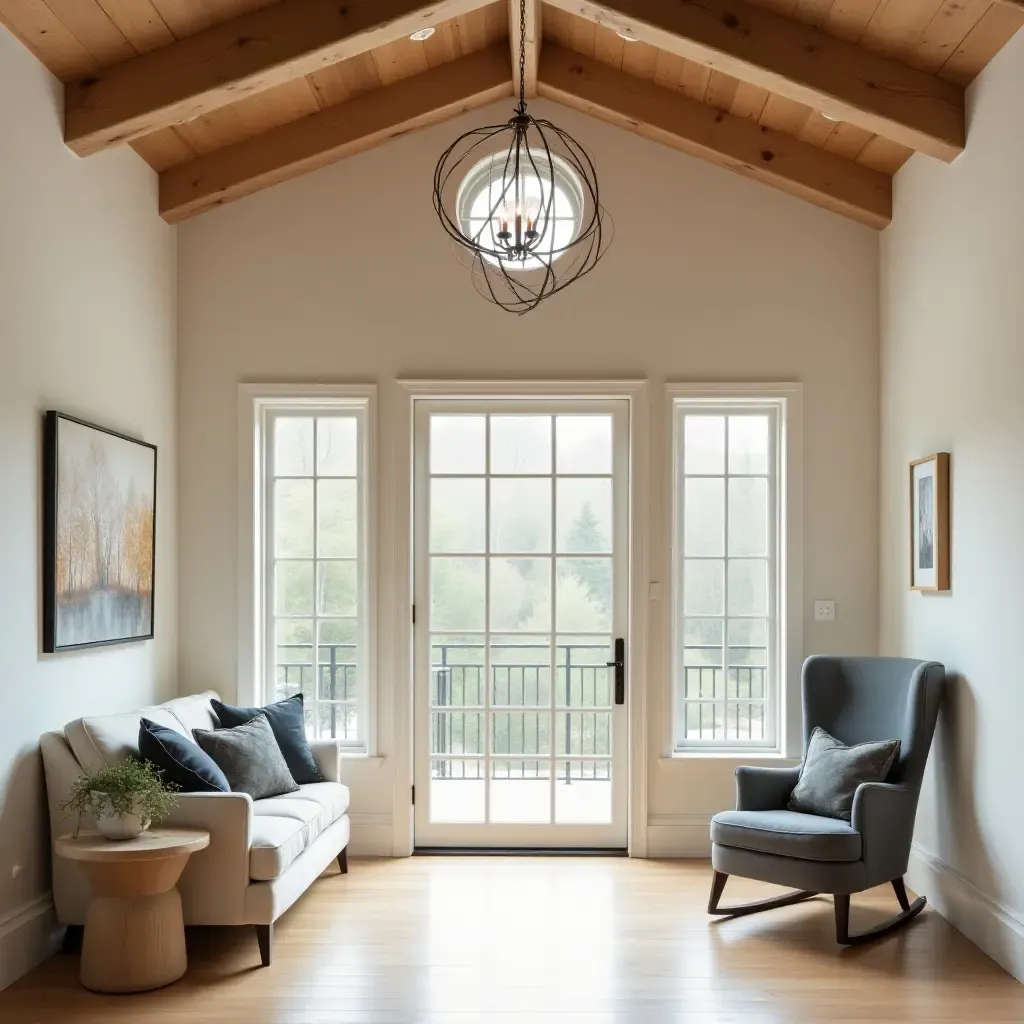 a photo of a wooden ceiling beam in an inviting entryway