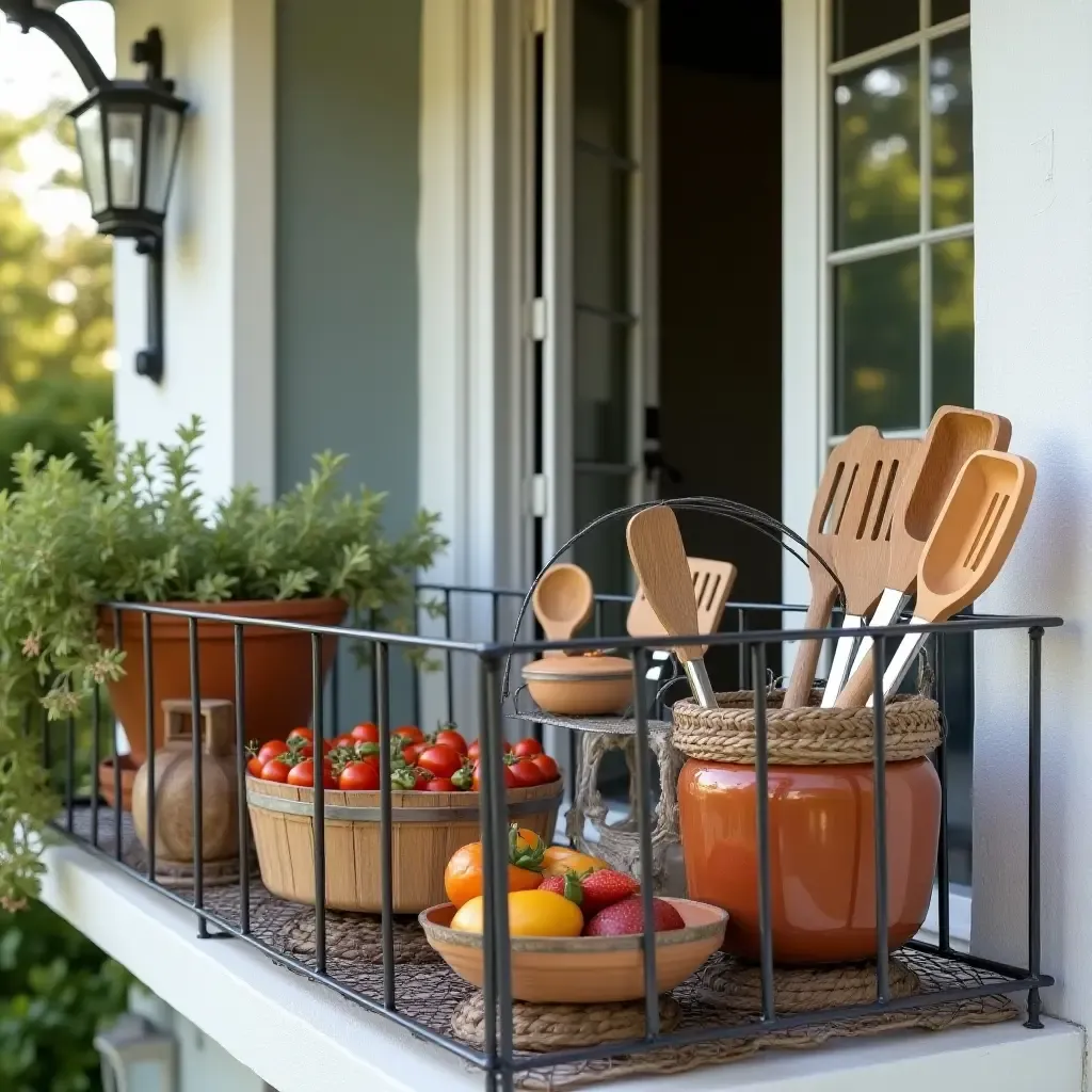 a photo of a balcony shelf decorated for a summer barbecue with utensils