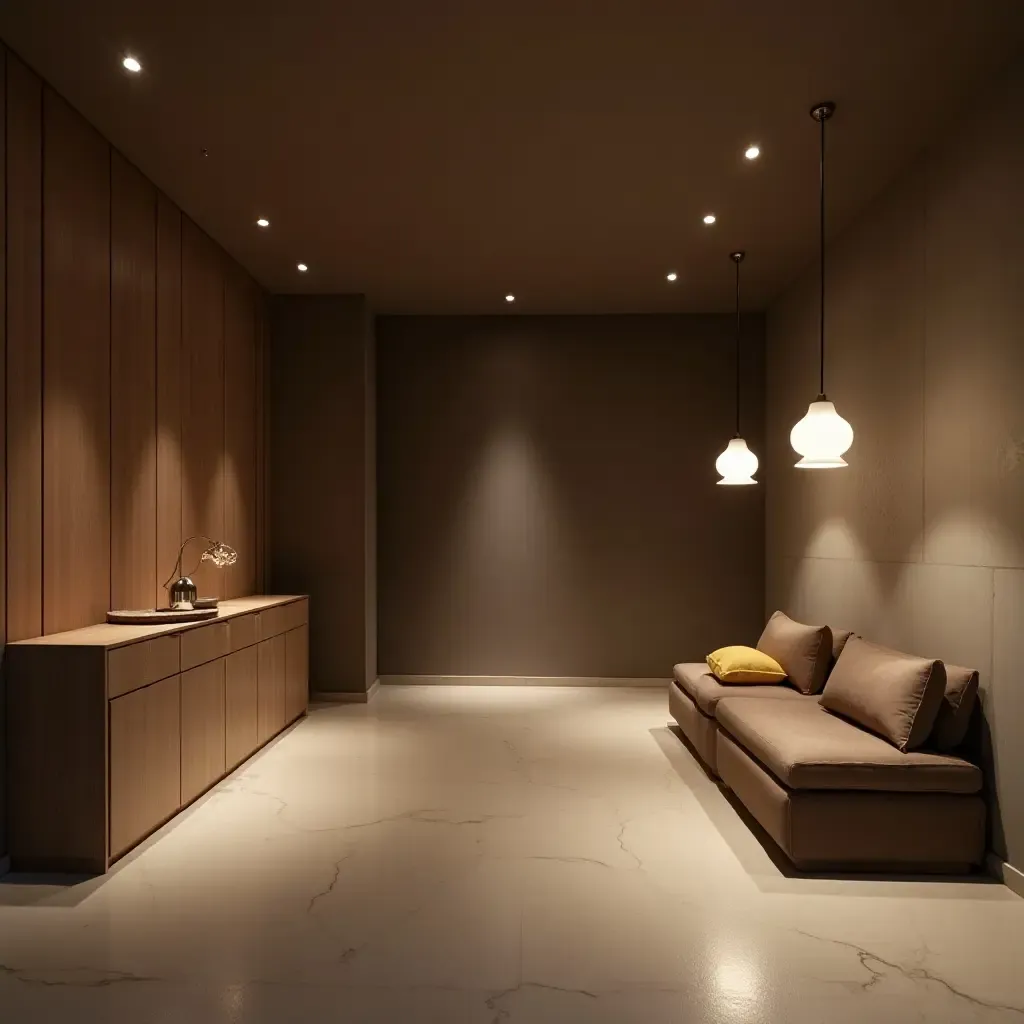 a photo of a minimalist basement illuminated by pendant lights