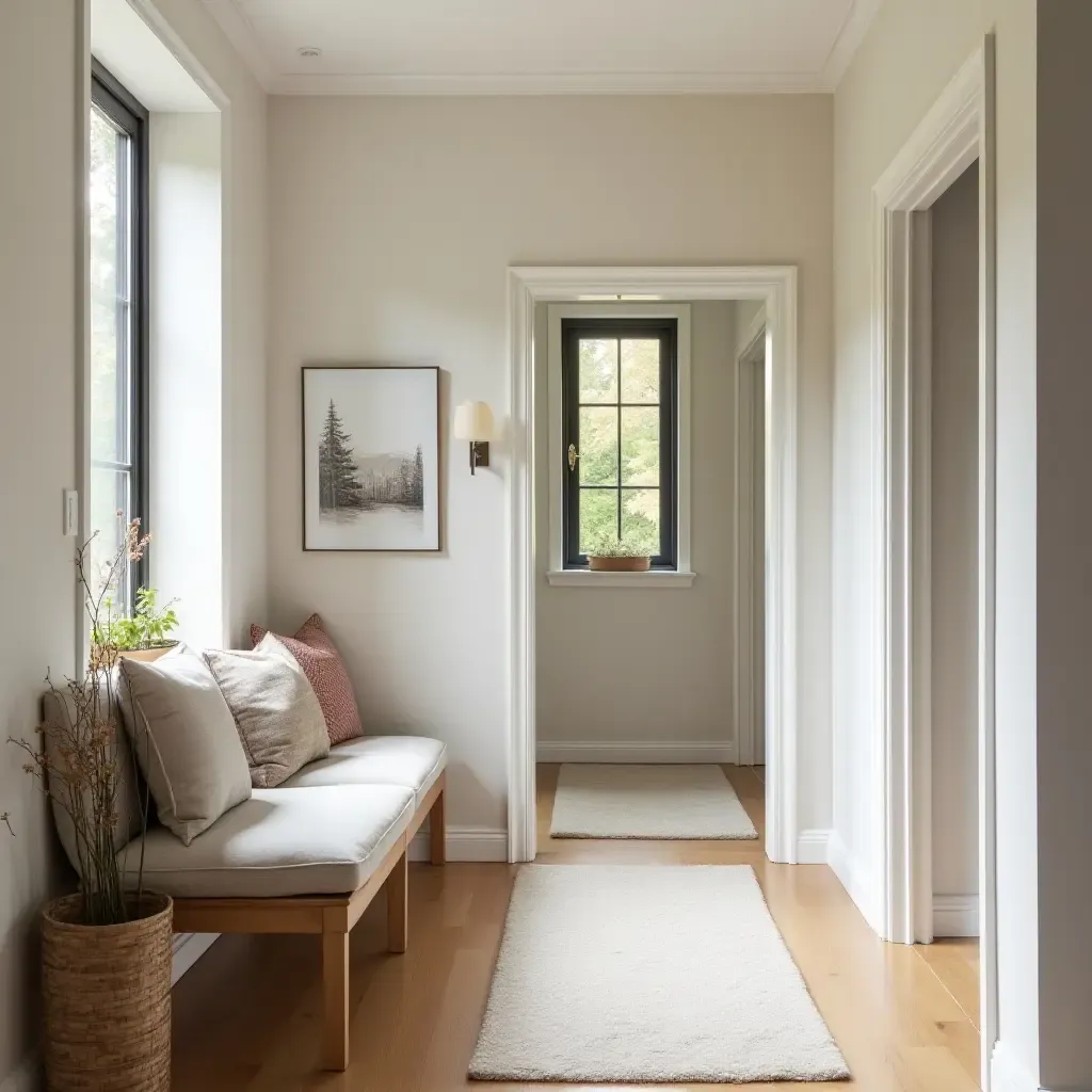 a photo of a charming hallway with a cozy corner seat and decorative accents