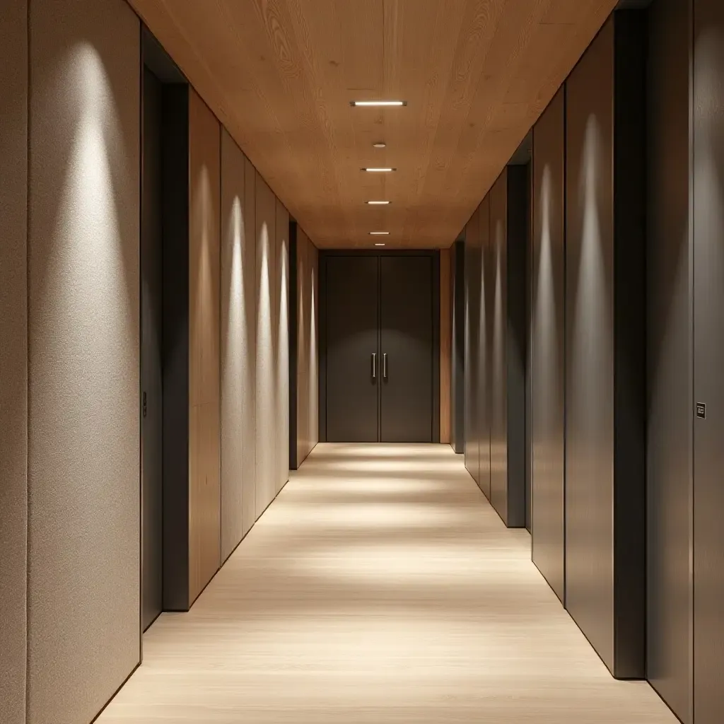 a photo of a contemporary corridor with layered textures of fabric, wood, and metal