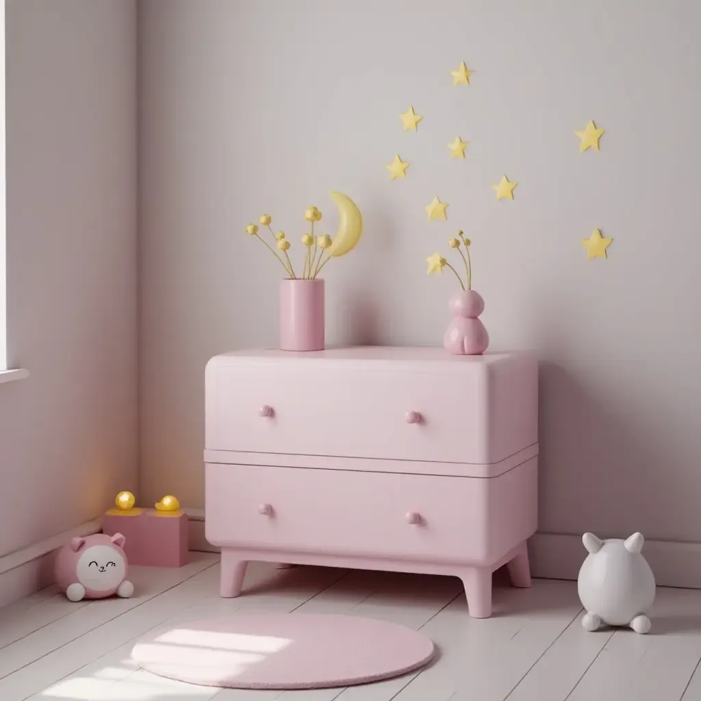 a photo of a dreamy pastel-colored nightstand with stars