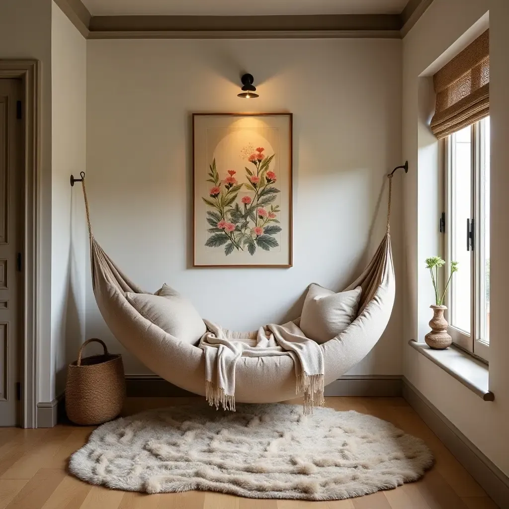 a photo of a basement featuring a cozy hammock and whimsical wall art