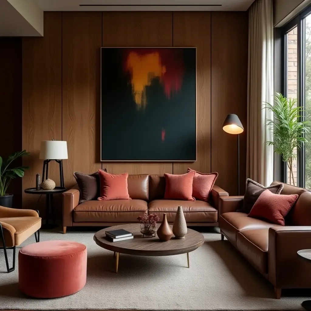 a photo of a sophisticated living room with velvet pillows, wooden accents, and leather upholstery