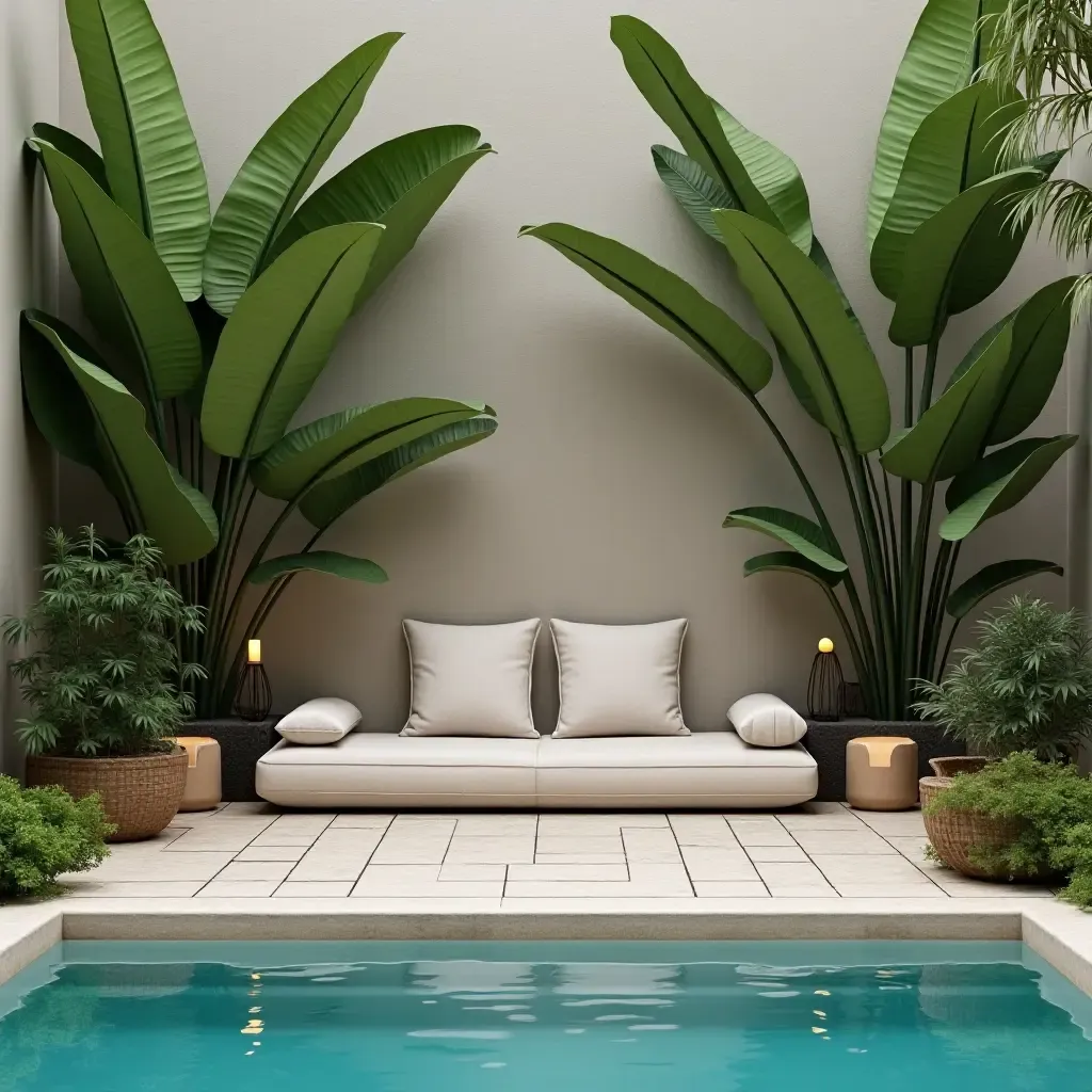 a photo of a serene meditation corner with cushions and plants by the pool