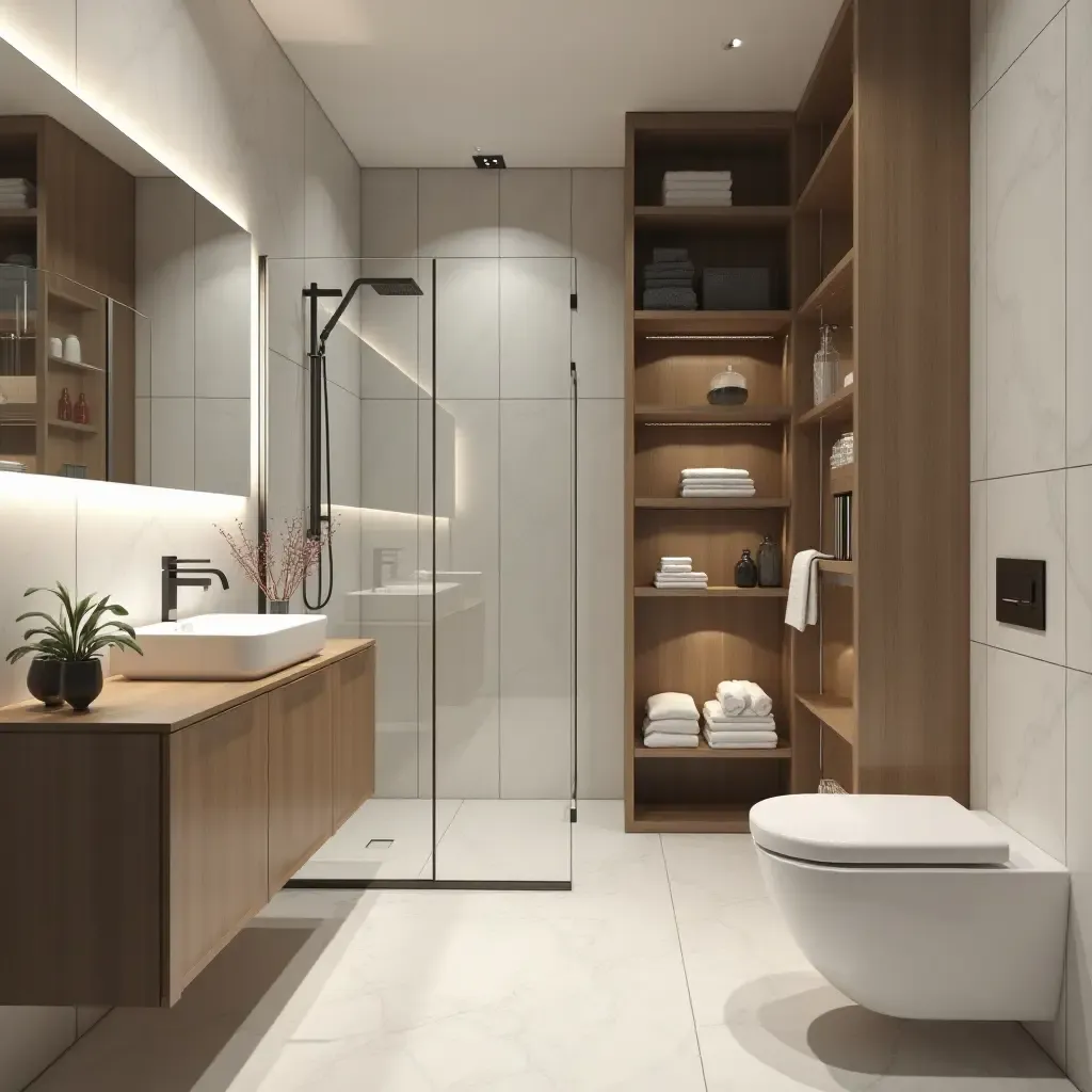 a photo of a modern bathroom with smart technology and innovative storage solutions