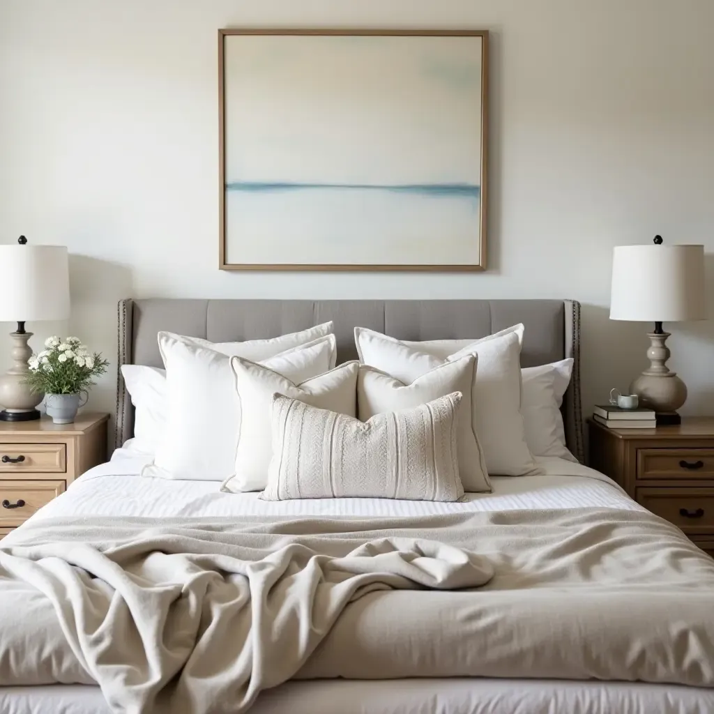 a photo of a cozy farmhouse bedroom with layered bedding and decorative pillows