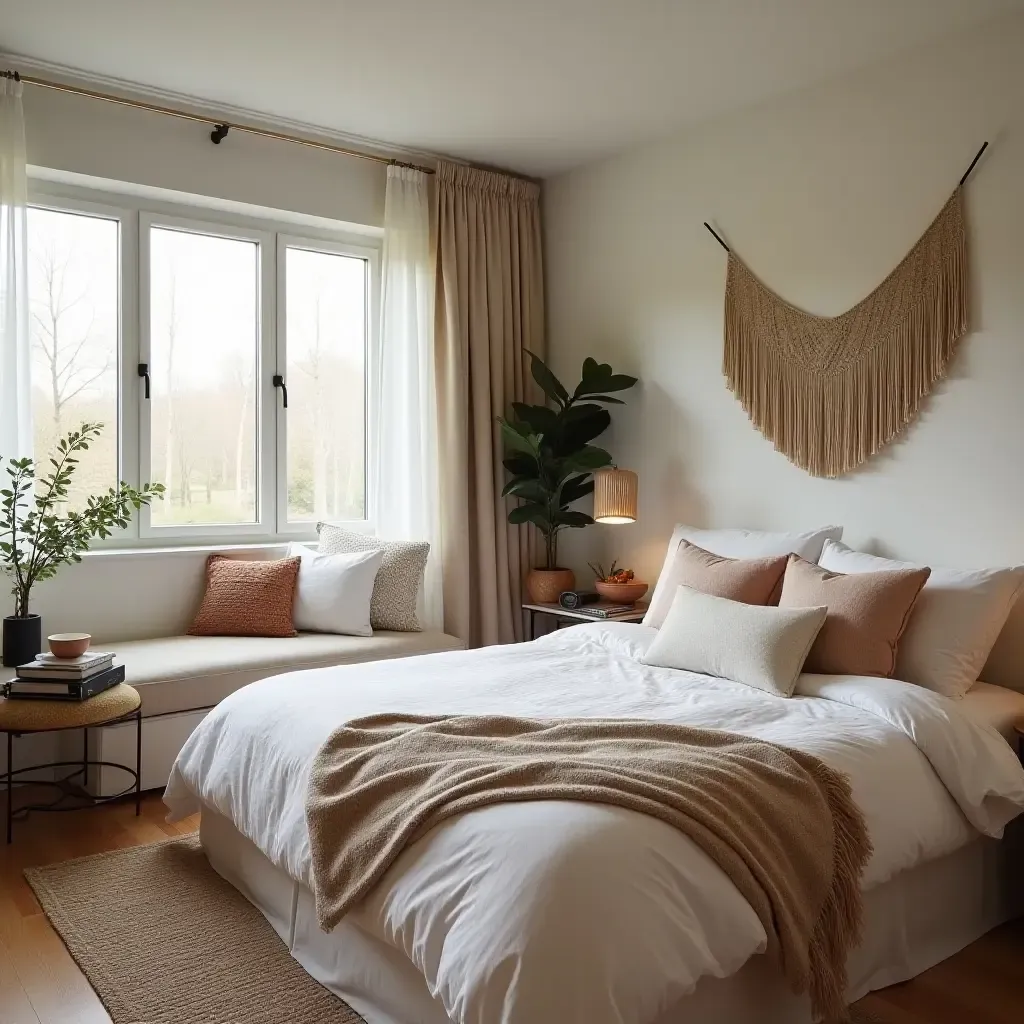 a photo of a spacious bedroom with a reading nook and boho accessories