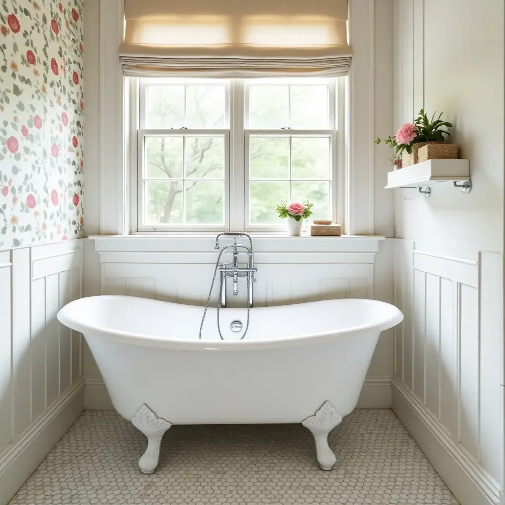 a photo of a vintage-style bathroom with floral patterned tiles and clawfoot bathtub