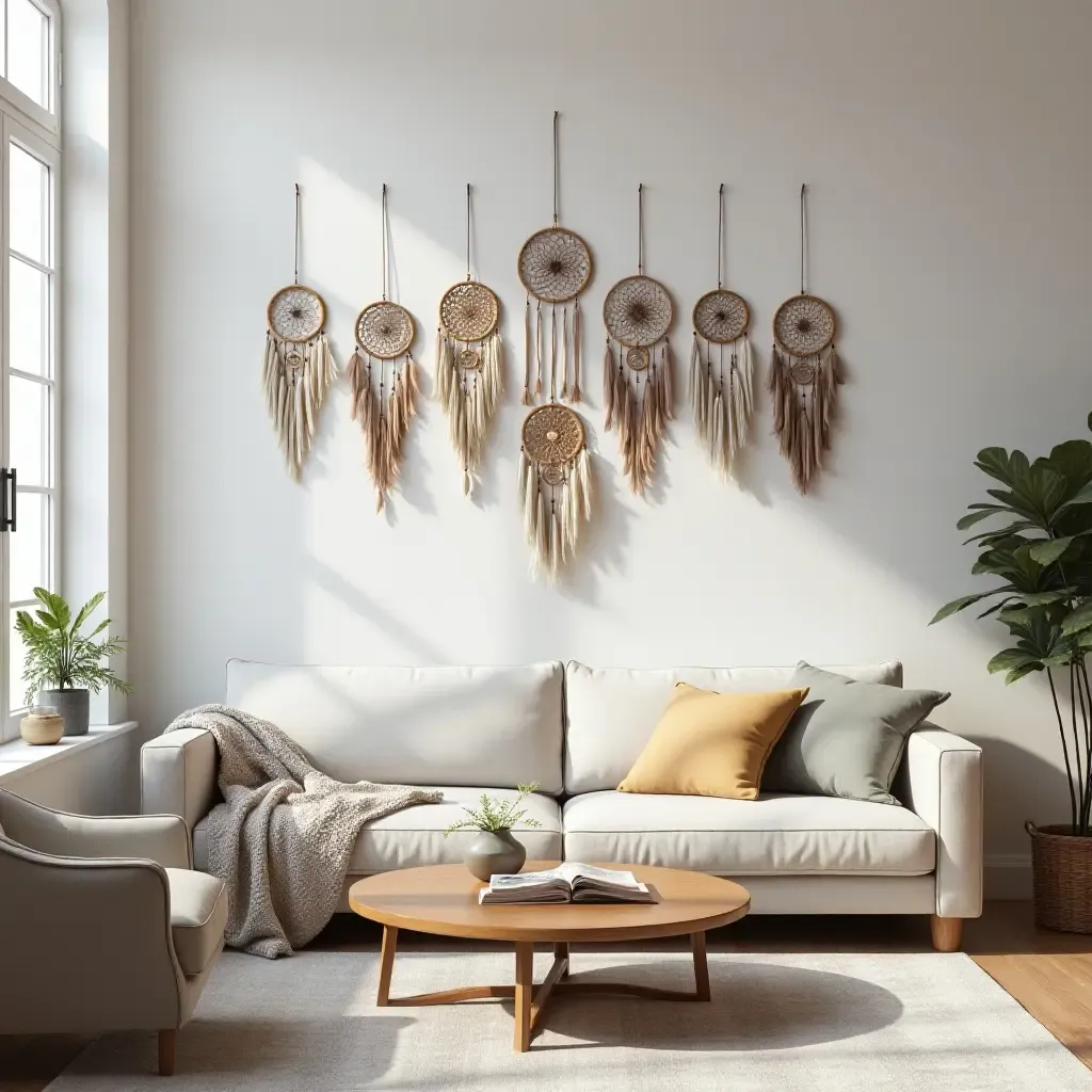 a photo of a living room with a collection of dreamcatchers on the wall