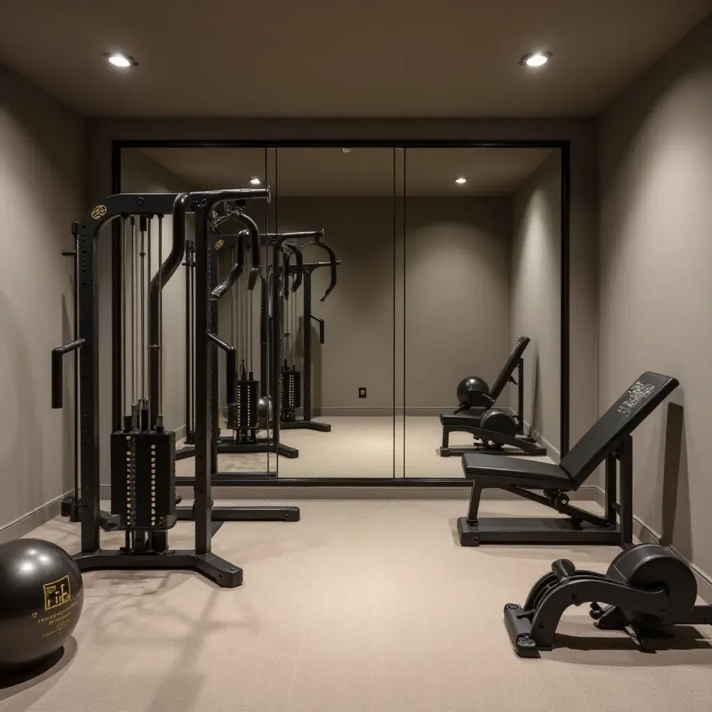 a photo of a minimalist basement gym with exercise equipment and mirrors