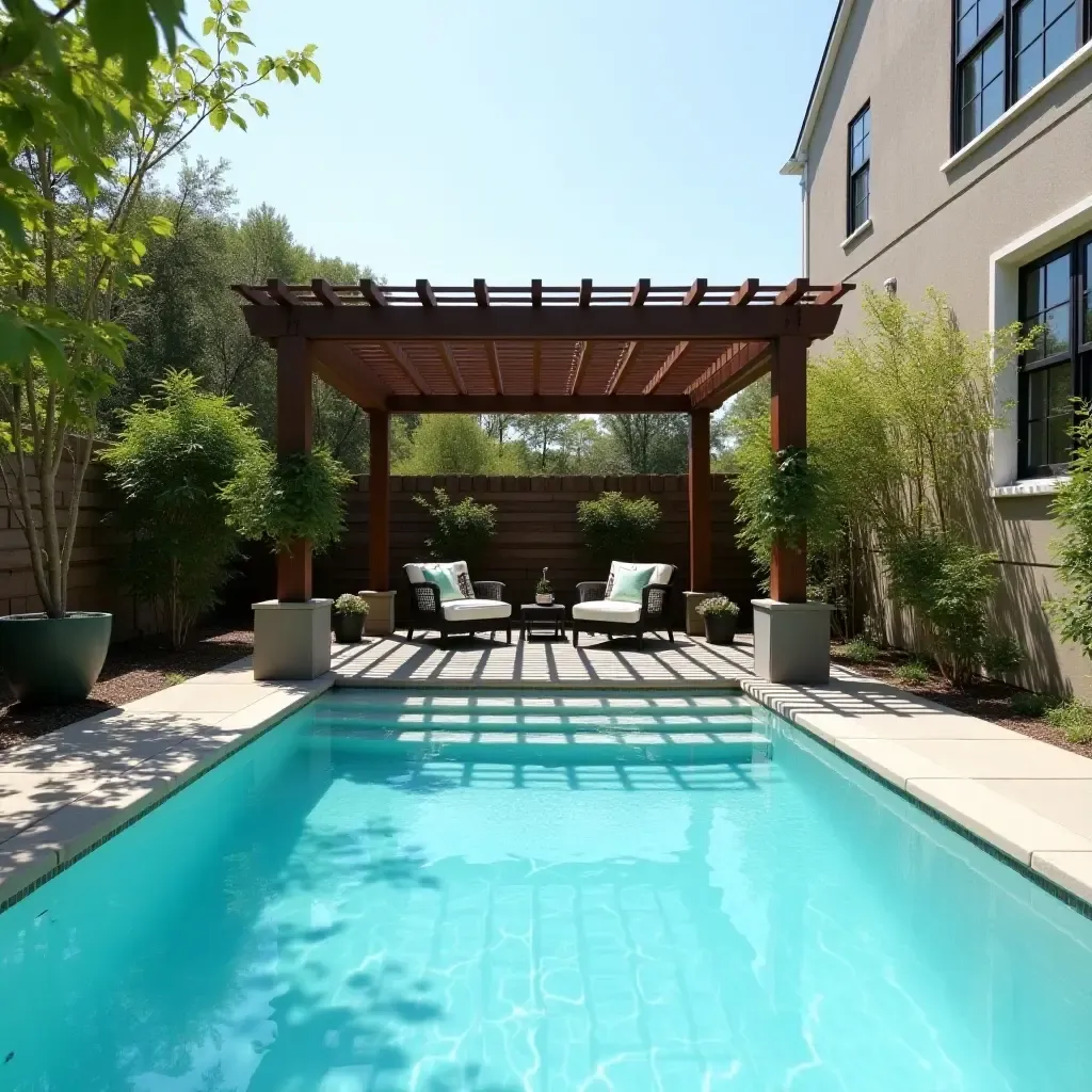 a photo of a small pool area with a pergola for shade