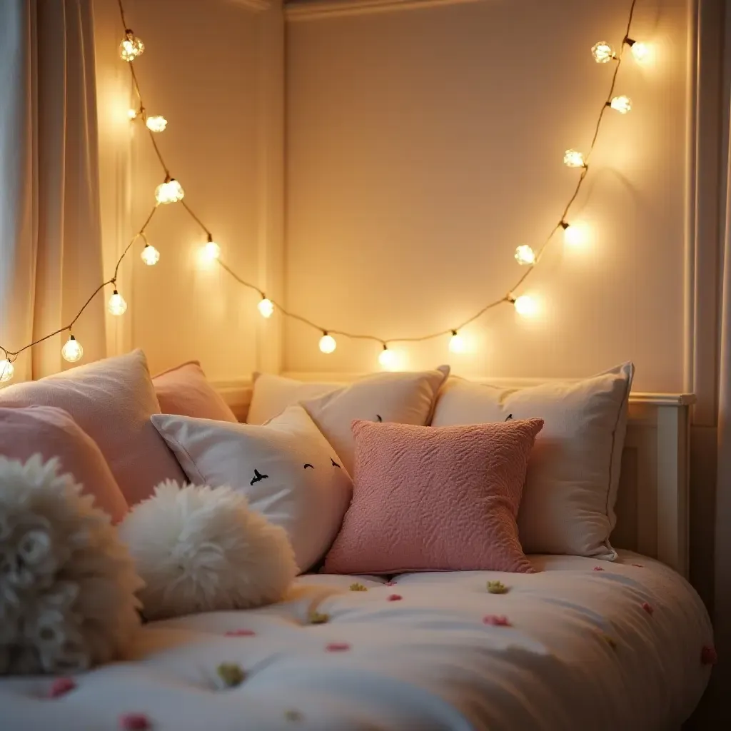 a photo of a charming nursery filled with fairy lights and soft cushions