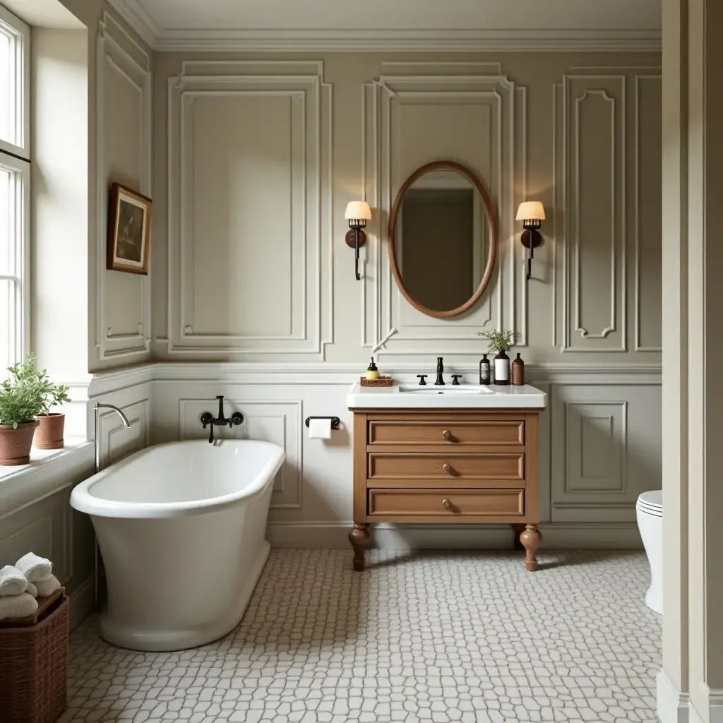 a photo of a vintage-themed bathroom with modern storage solutions and fixtures