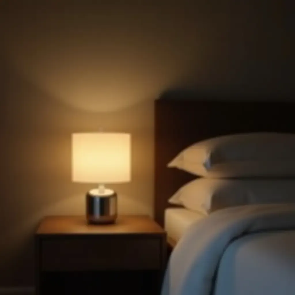 a photo of a sleek silver bedside lamp illuminating a cozy bedroom