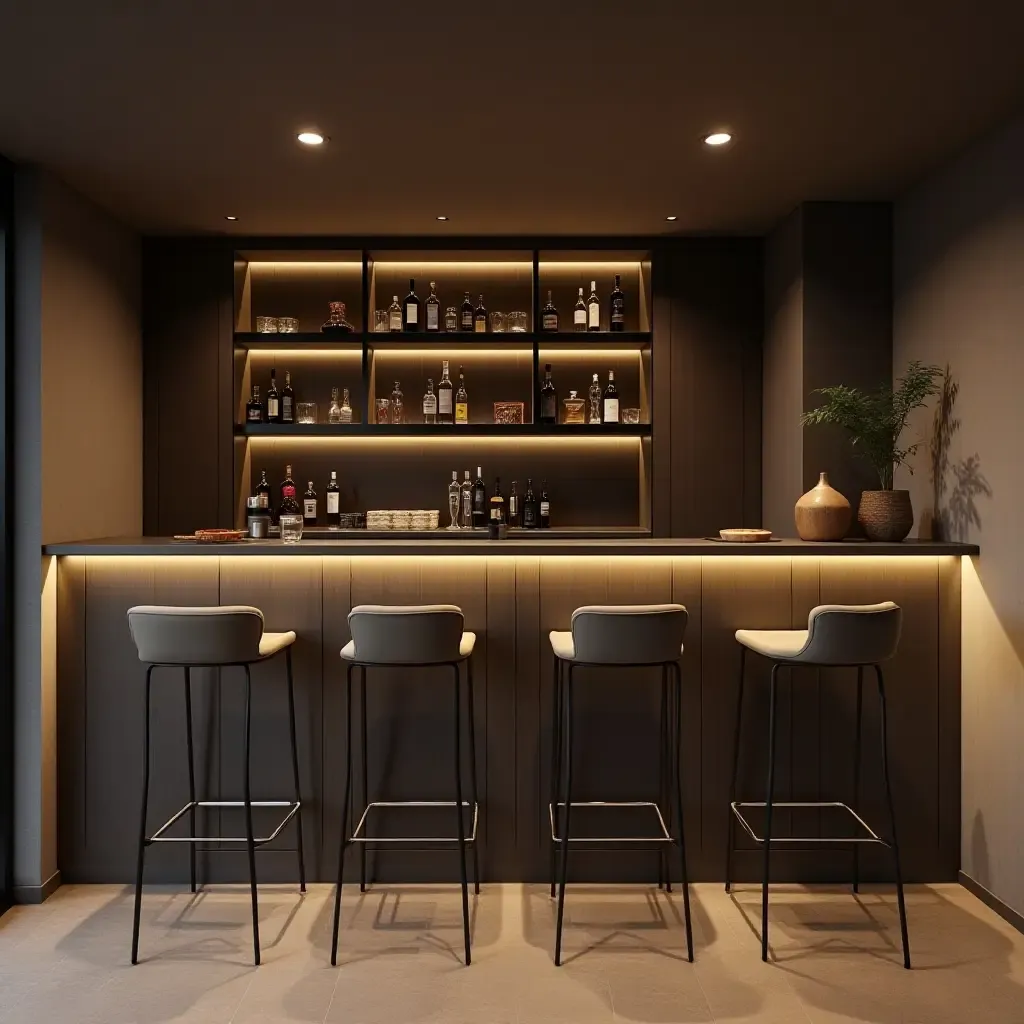 a photo of a minimalist basement bar with elegant design