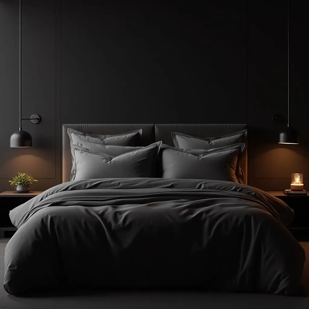 a photo of a bed with dark, luxurious bedding and plush pillows