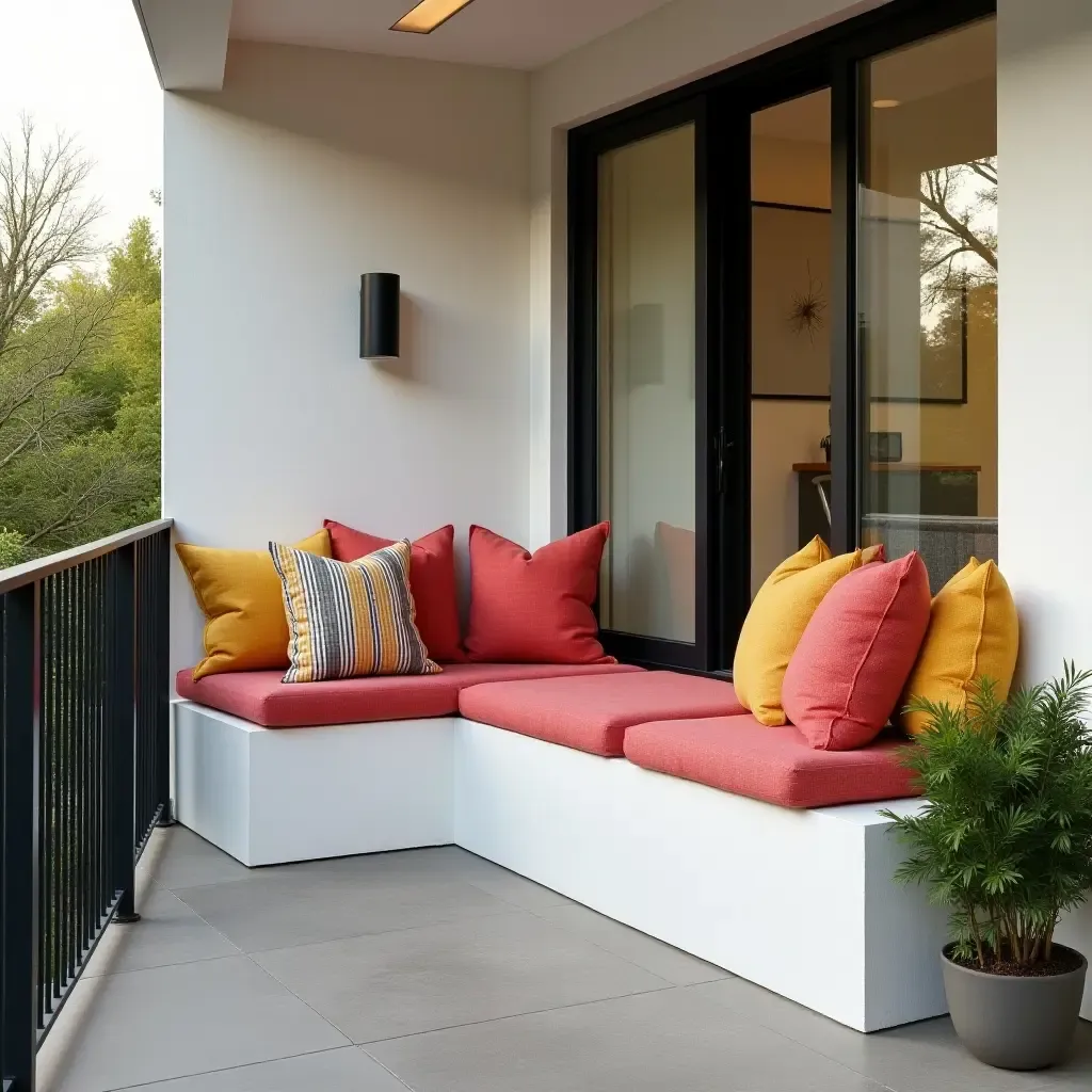 a photo of a stylish balcony with a built-in bench and colorful pillows