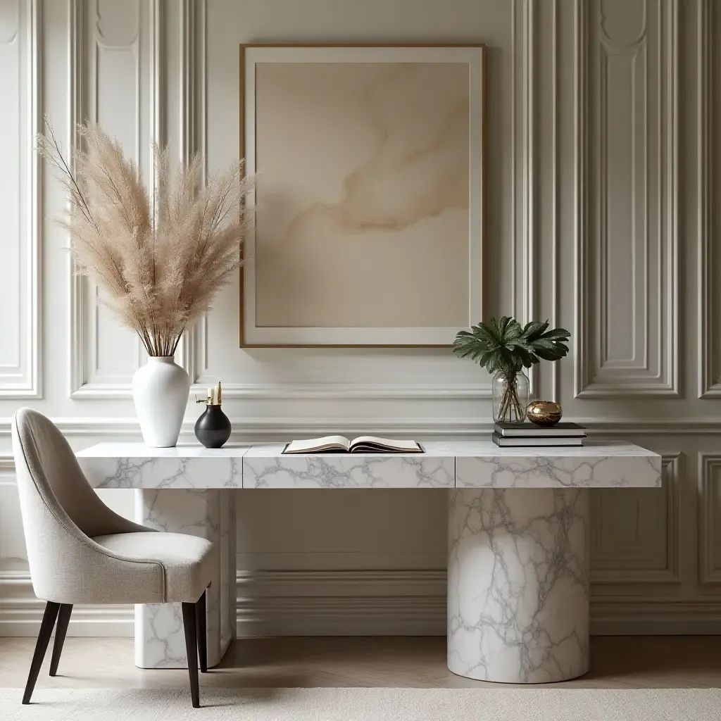 a photo of a sophisticated study with a marble desk and statement decor pieces