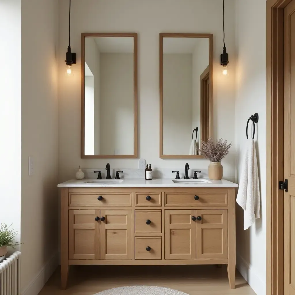 a photo of a charming bathroom with a wooden vanity and cozy accessories