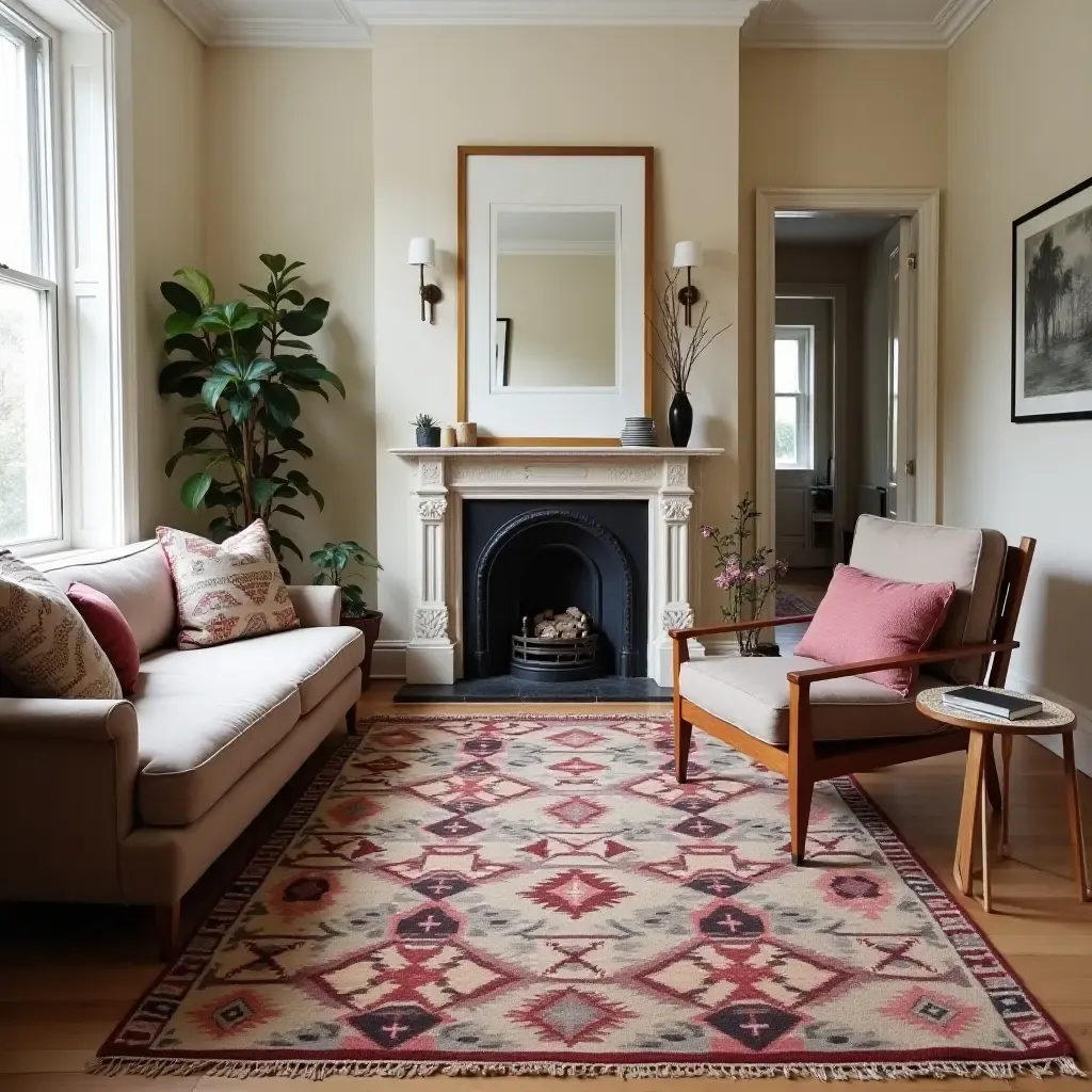 a photo of a vintage kilim rug in a stylish, eclectic room