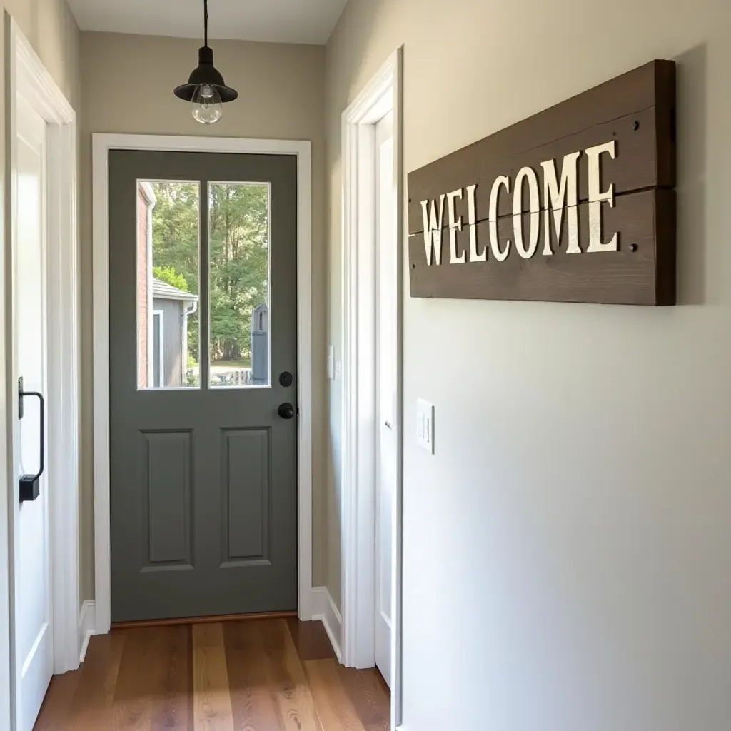 a photo of a warm entryway with a farmhouse-style welcome sign