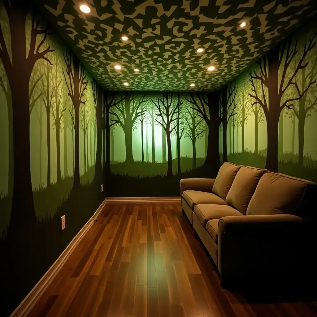 a photo of a basement transformed into a magical forest theme with tree decals and soft lighting