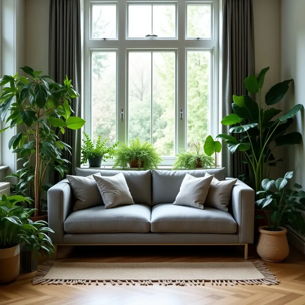 a photo of a grey sofa surrounded by lush greenery and indoor plants