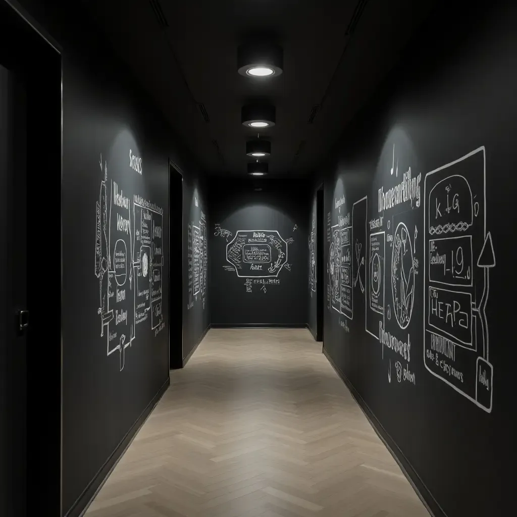 a photo of a chalkboard wall for doodling in a corridor