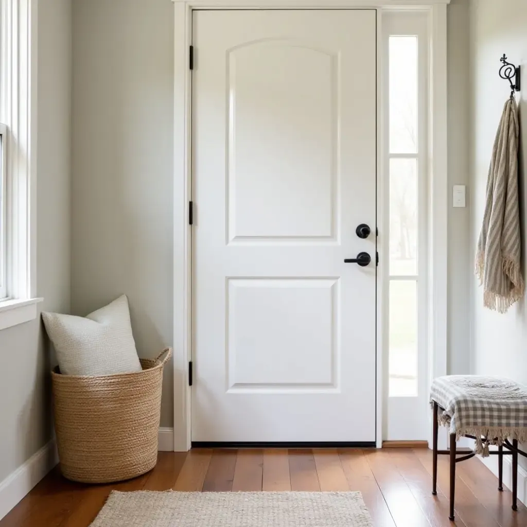 a photo of a cozy entryway with a woven basket and farmhouse pillows