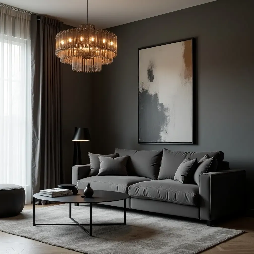 a photo of a chic living room with a dark grey couch and a statement chandelier above