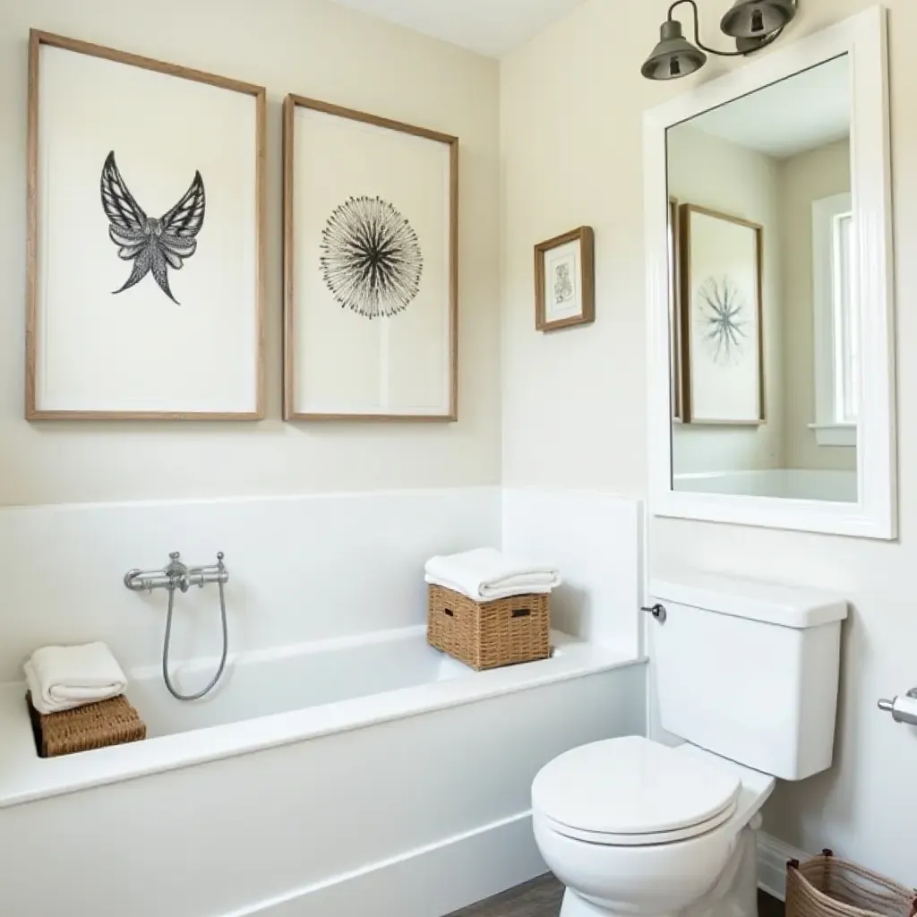 a photo of a bathroom decorated with framed coastal art